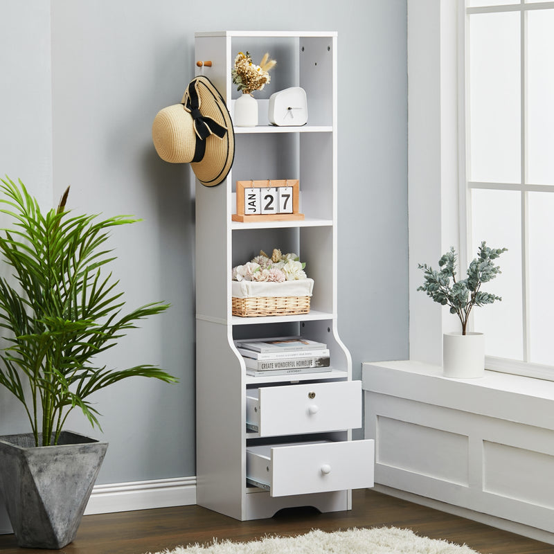 Livingandhome White Slim Storage Shelving Unit with Lockable Drawer