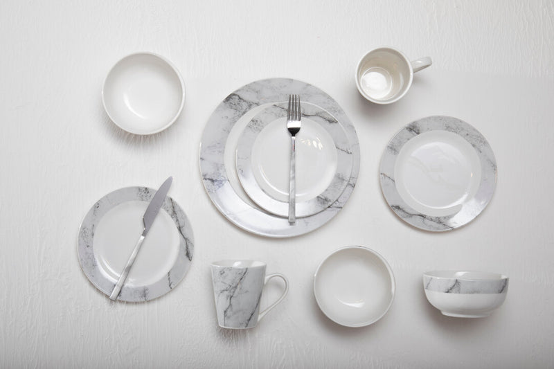 Avie 16 Piece White And Grey Marble Effect Dinner Set
