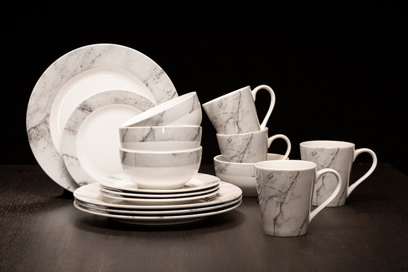 Avie 16 Piece White And Grey Marble Effect Dinner Set