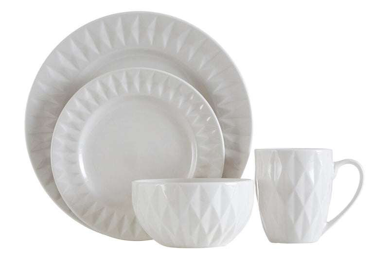 Avie 16 Piece White Embossed Dinner Set.