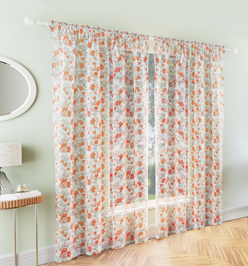 Mia Burnt Orange  Floral Print Sheer Voile Panels - Pair