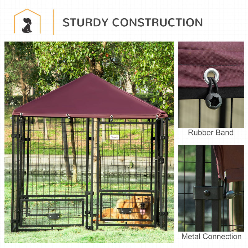 PawHut Dog Kennel with Rotating Bowl Holders, Cover, Outdoor Dog Run