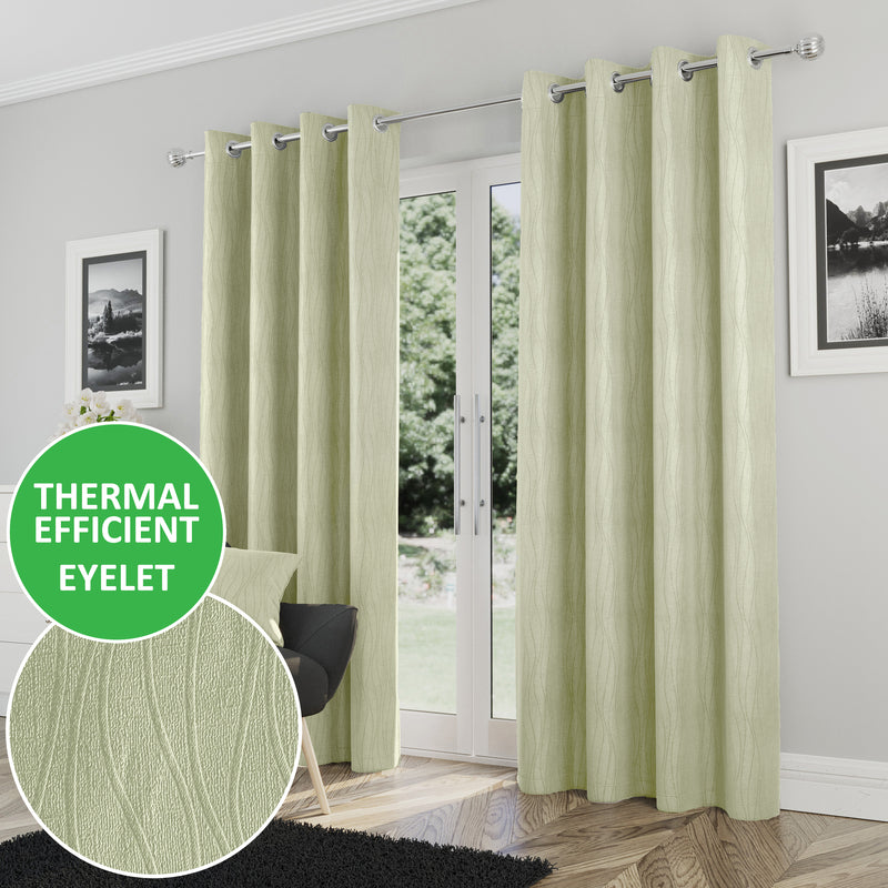 Enhanced Living Goodwood Green Thermal, Energy Saving, Dimout Eyelet Curtains with Wave Pattern - Pair