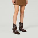 Embroidered Pointed Toe Cowboy Ankle Boots with Block Heel
