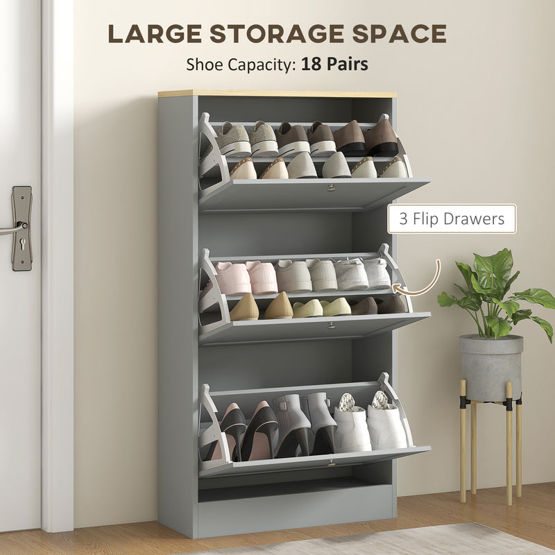 HOMCOM Narrow Shoe Cabinet with 3 Flip Drawers for 18 Pairs of Shoes Grey