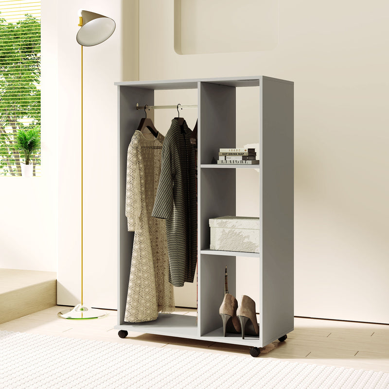 HOMCOM Rolling Open Wardrobe Hanging Rail Storage Shelves For Clothes, Grey