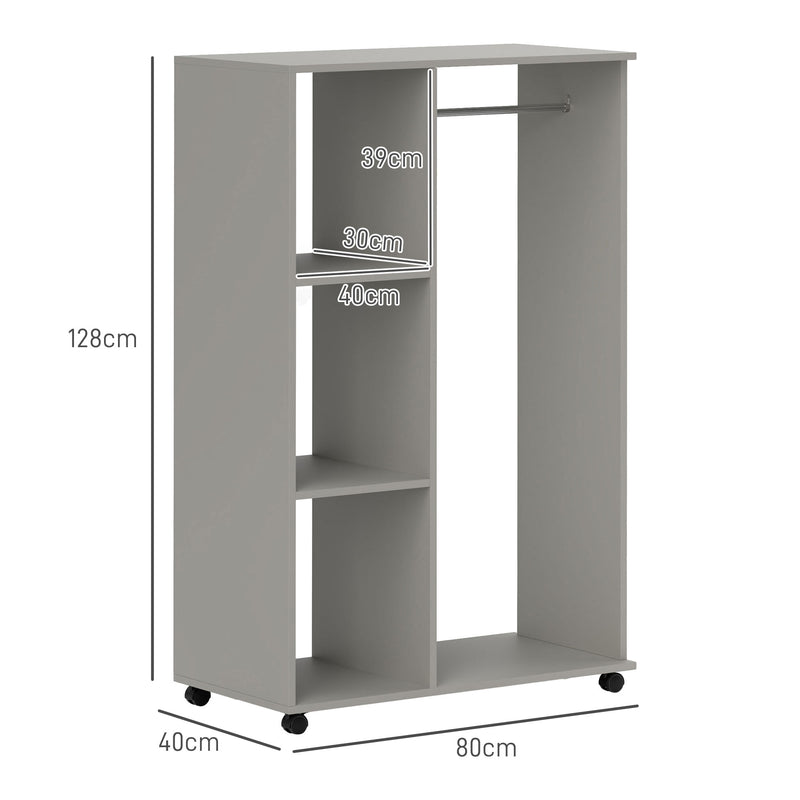 HOMCOM Rolling Open Wardrobe Hanging Rail Storage Shelves For Clothes, Grey