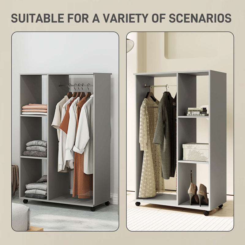 HOMCOM Rolling Open Wardrobe Hanging Rail Storage Shelves For Clothes, Grey