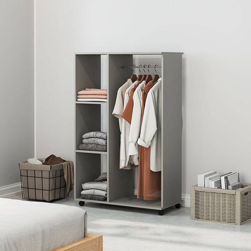 HOMCOM Rolling Open Wardrobe Hanging Rail Storage Shelves For Clothes, Grey