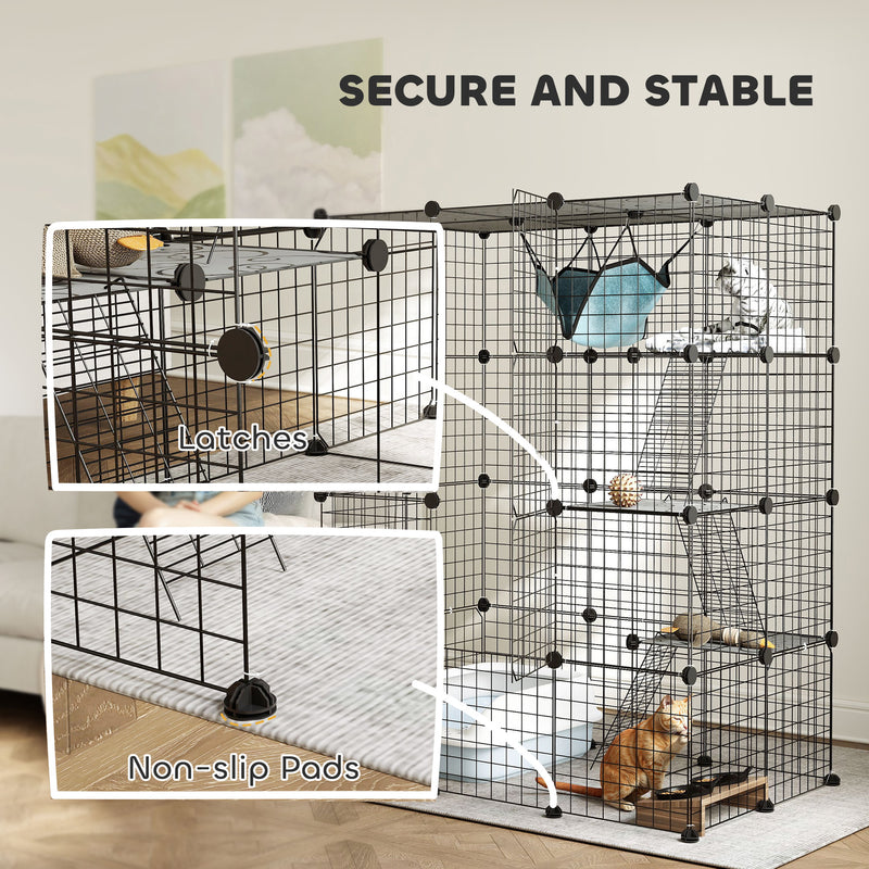 PawHut 4-Tier Cat Cage Indoor, DIY Cat Playpen with Hammock, Ramps, 5 Doors