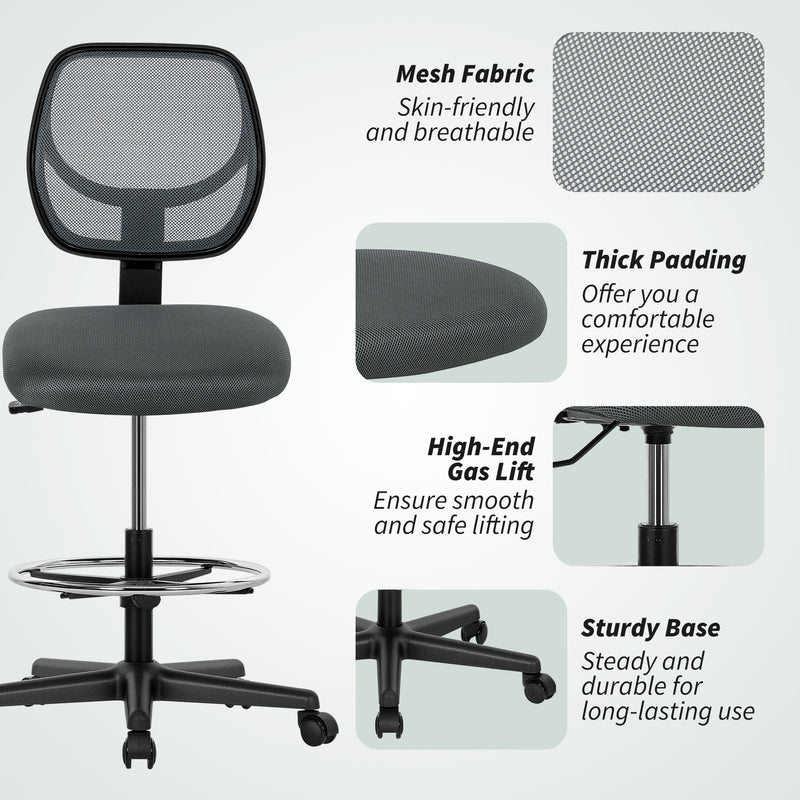 Vinsetto Swivel Mesh Office Chair W/ Adjustable Footrest Ring, Charcoal Grey