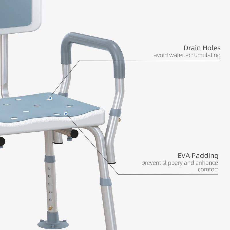 HOMCOM EVA Padded Shower Stool With Back And Arms 4 Suction Foot Pads Blue