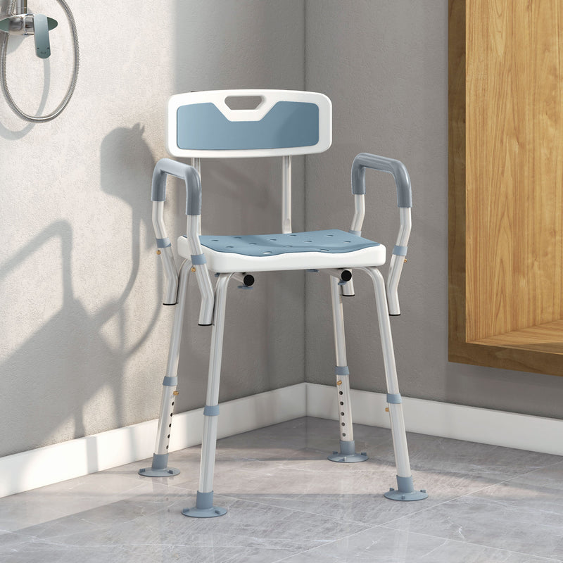 HOMCOM EVA Padded Shower Stool With Back And Arms 4 Suction Foot Pads Blue