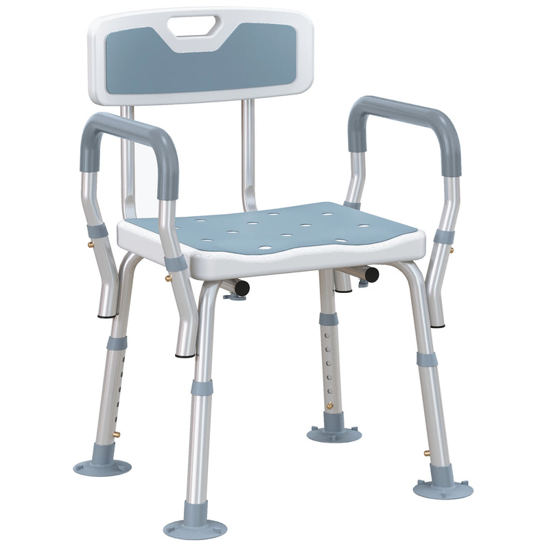 HOMCOM EVA Padded Shower Stool With Back And Arms 4 Suction Foot Pads Blue