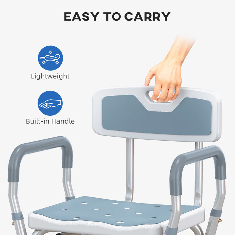 HOMCOM EVA Padded Shower Stool With Back And Arms 4 Suction Foot Pads Blue