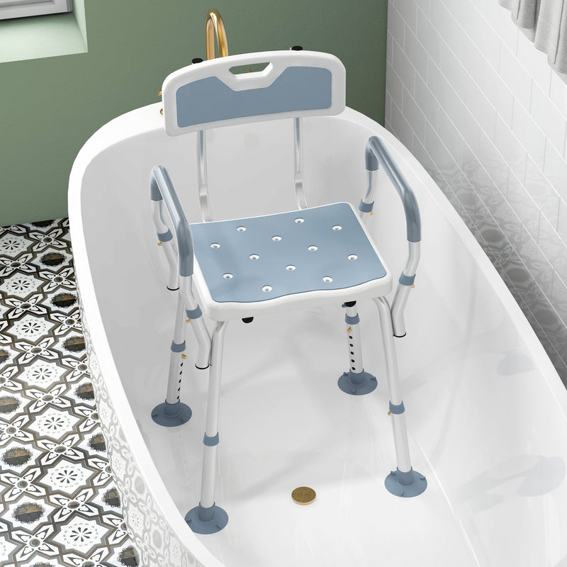 HOMCOM EVA Padded Shower Stool With Back And Arms 4 Suction Foot Pads Blue