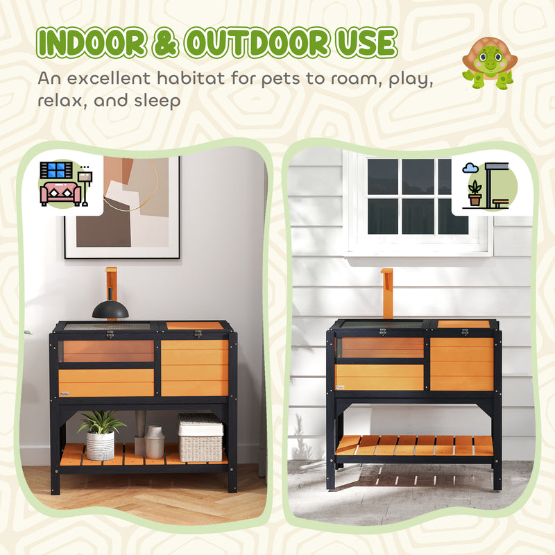 PawHut Wooden Tortoise House w/ Run, Shelter, Shelf, Lamp Holder, Yellow