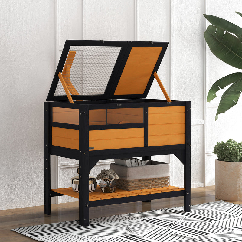 PawHut Wooden Tortoise House w/ Run, Shelter, Shelf, Lamp Holder, Yellow
