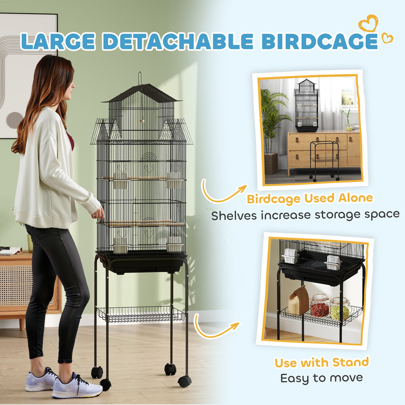 PawHut Metal Bird Cage W/ Perch, Food Container, Handle, For Finch, Canary