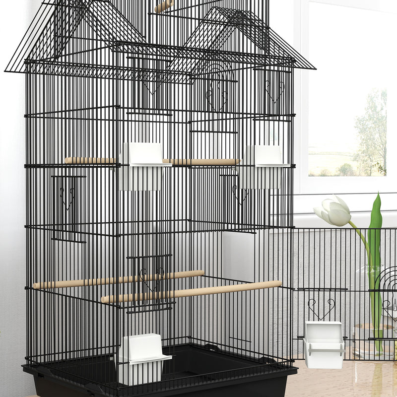 PawHut Metal Bird Cage W/ Perch, Food Container, Handle, For Finch, Canary