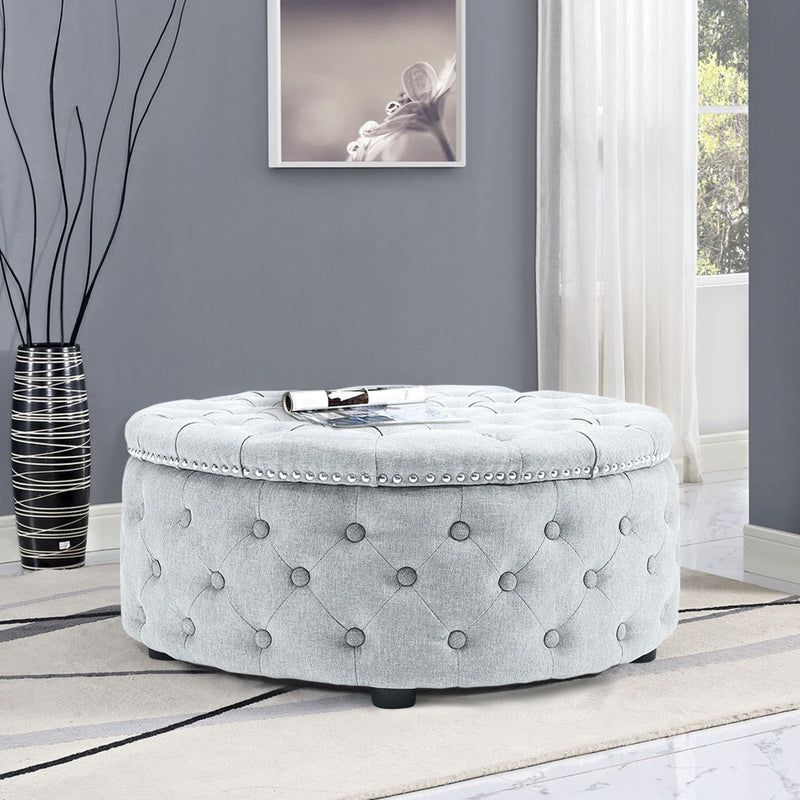 Livingandhome Grey Linen Round Ottoman with Studded Edge