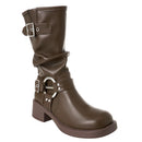 PU Leather Fashionable Western-Style Mid-Calf Boots