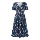 Floral Print V-Neck Short Sleeve Summer Midi Dress With Pockets