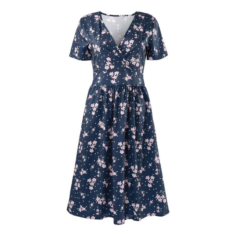 casual midi dresses uk Floral Print V-Neck Short Sleeve Summer Midi Dress With Pockets