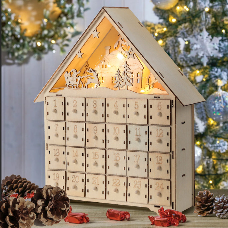Livingandhome Wooden Christmas Advent Calendar with LED Light