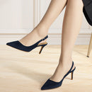 Pointed Toe Pumps With Kitten Heel Slingback - Dark Blue