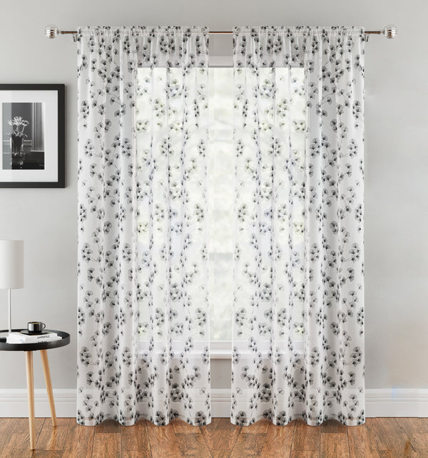 Delila Black Leaf Print Voile Panel - Pair