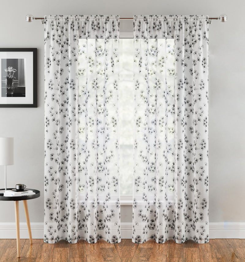 Delila Black Leaf Print Voile Panel - Pair