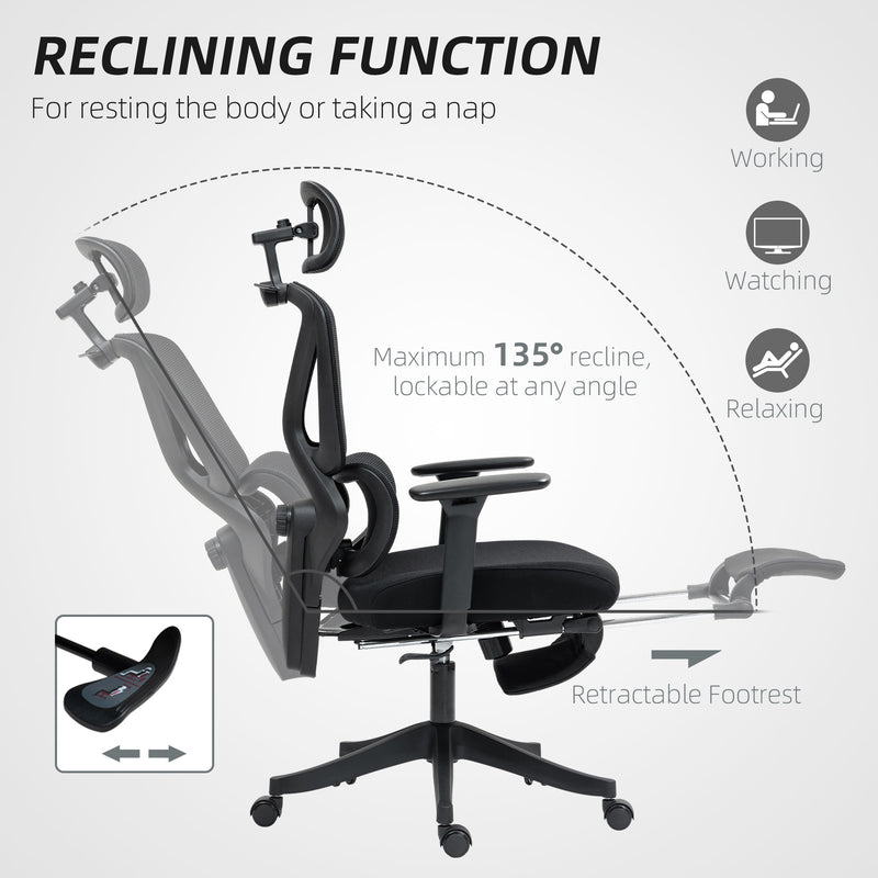 HOMCOM Ergonomic Office Chair, Recliner Computer Chair with Footrest, Black