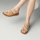 Pearl Embellished Leather Slide Sandals