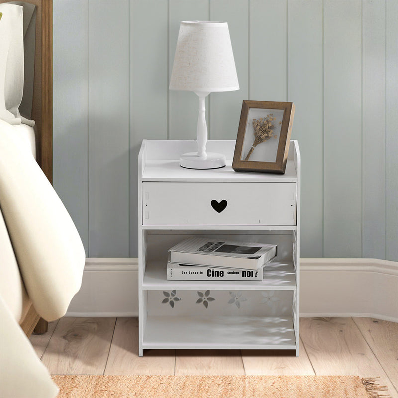 Livingandhome Hollow Carved Flower Pattern Side Table Nightstand with Drawer for Bedroom