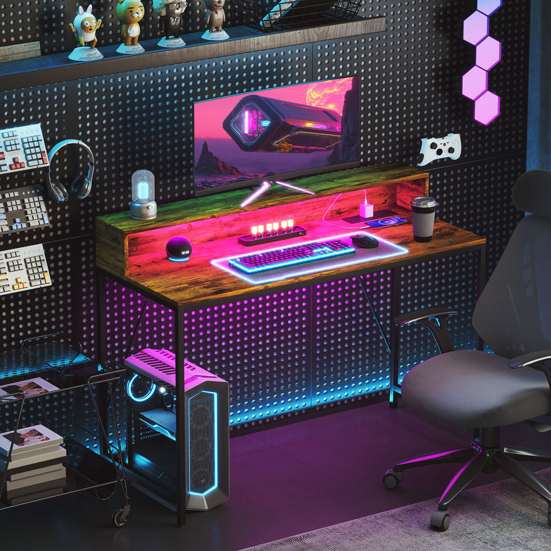 HOMCOM Computer Desk with LED Lights, Study Table with Shelf, Rustic Brown