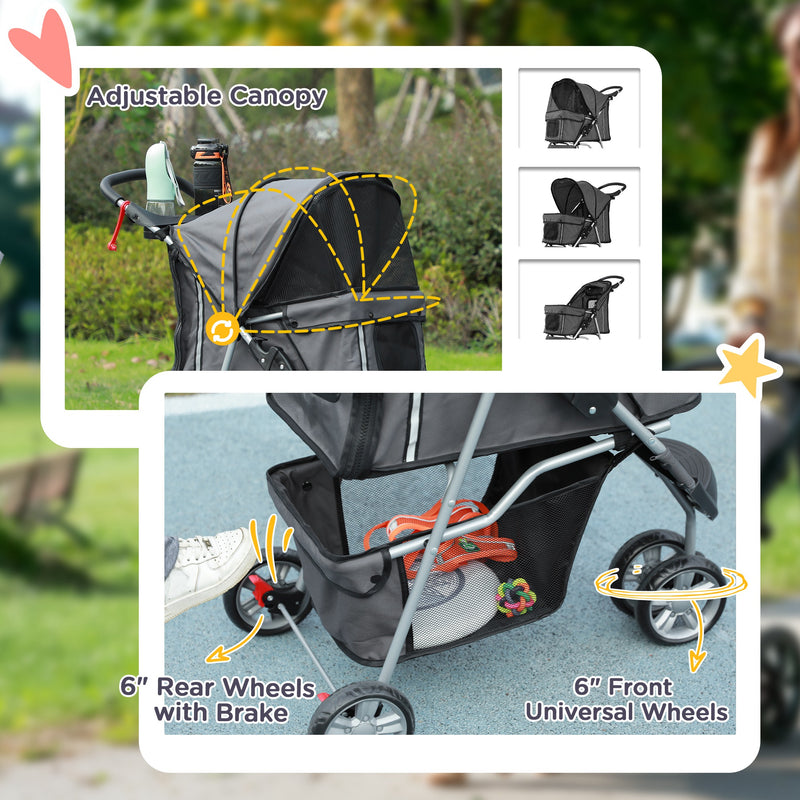 PawHut Pet Stroller Pushchair Carrier for Cat Puppy with 3 Wheels Dark Grey