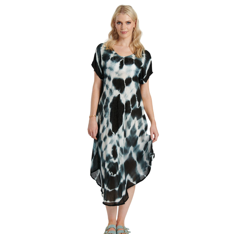 Tie Dye Sleeved Dress - Black & White