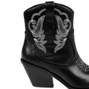 Embroidered Pointed Toe Cowboy Ankle Boots With Block Heel - Black