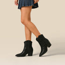 Embroidered Pointed Toe Cowboy Ankle Boots with Block Heel