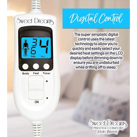 Sweet Dreams Electric Blanket Single Size - Plush Fleece Quilted - 10 Timer & 9 Heat Settings - Overheat Protection