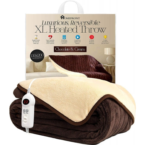 Homefront Extra Large Electric Heated Throw In Chocolate And Cream Easy To Use, Digital Control - Machine Washable