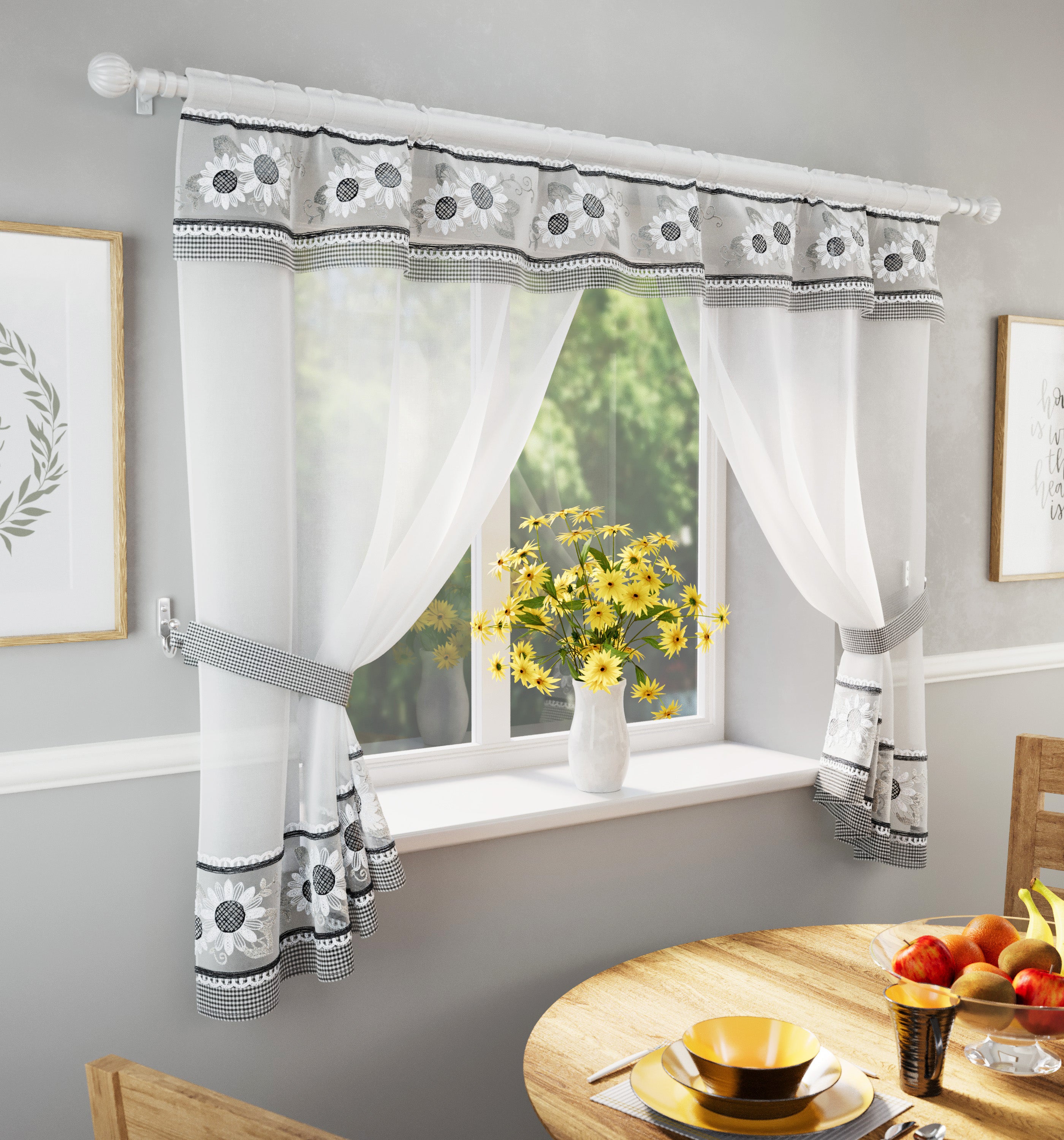 Tyrone Textiles Keswick Black Floral Embroidery Window Set With Matchi