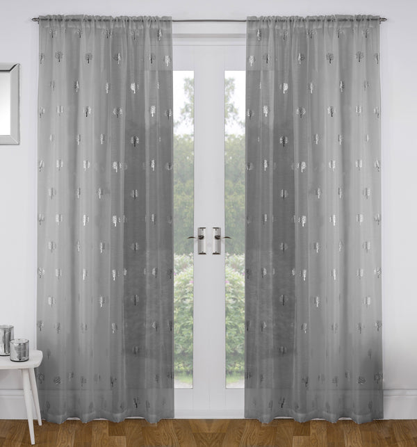Birch Grey Metallic Tree Print Linen-Look Voile Panel - Pair