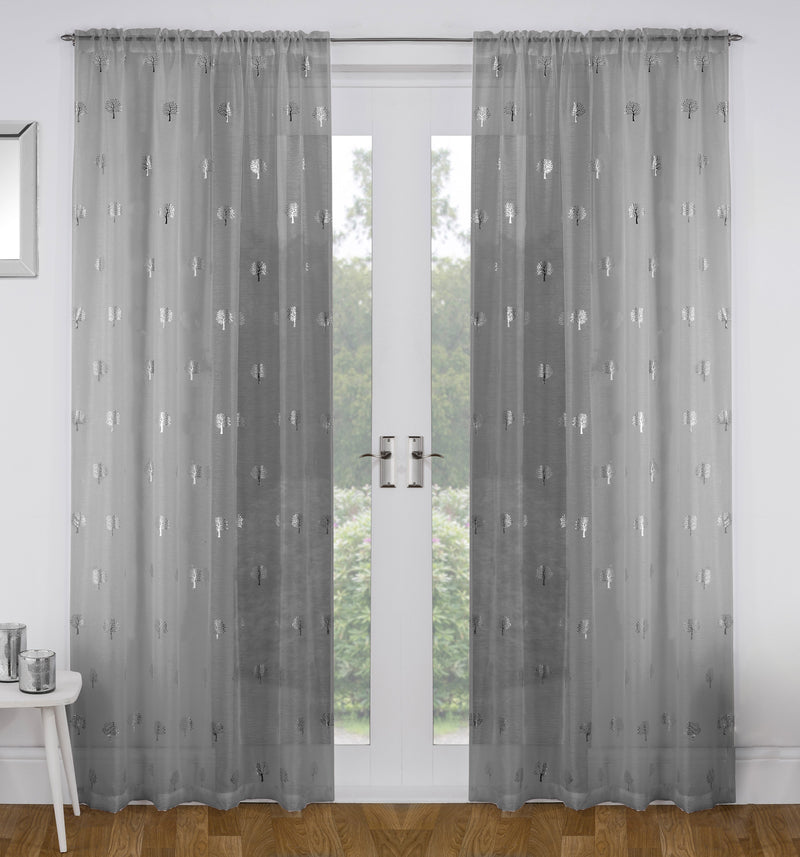 Birch Grey Metallic Tree Print Linen-Look Voile Panel - Pair