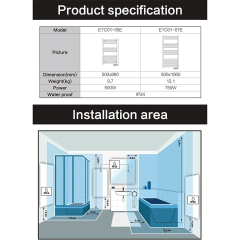Towel Rail Bathroom Heater 500W Vertical Fluid Radiator White Electric 24/7 Timer Eco Low Energy
