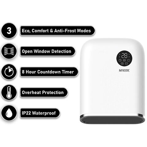 MYLEK Bathroom Heater 2KW Downflow With Thermostat, LED Display And Timer