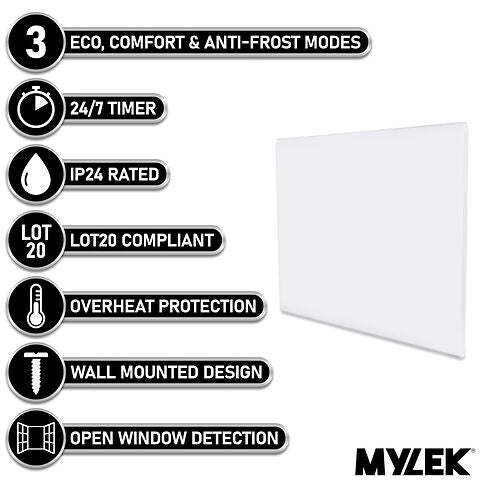 MYLEK Wall Mounted Slimline White Panel Heater Daily And Weekly Timer, Digital Thermostat