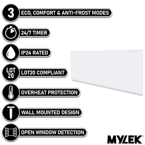 MYLEK Wall Mounted Slimline White Low Level Panel Heater 1000w Daily and Weekly Timer, Digital Thermostat