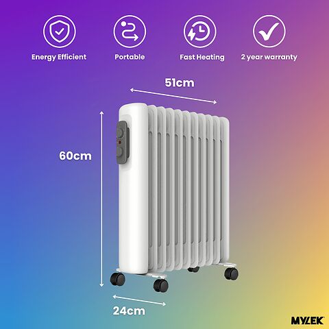Mylek Oil Filled Radiator Electric Heater Portable With Adjustable Thermostat - White